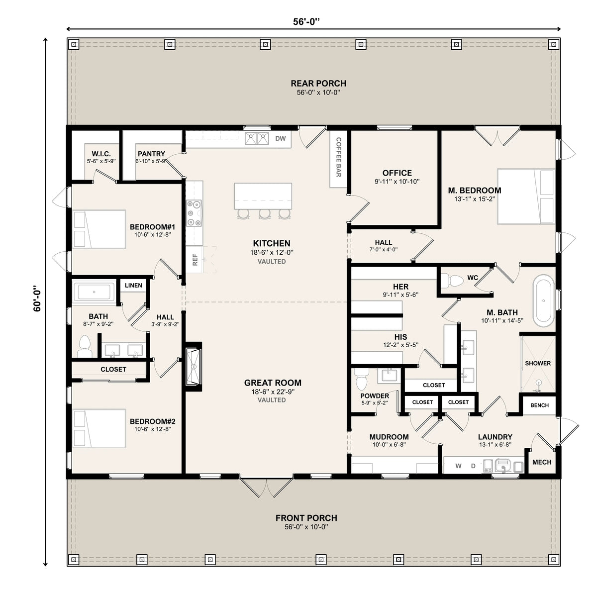 Arden 3 bedroom 2.5 bathroom house plan floor plan with open concept living and split bedrooms