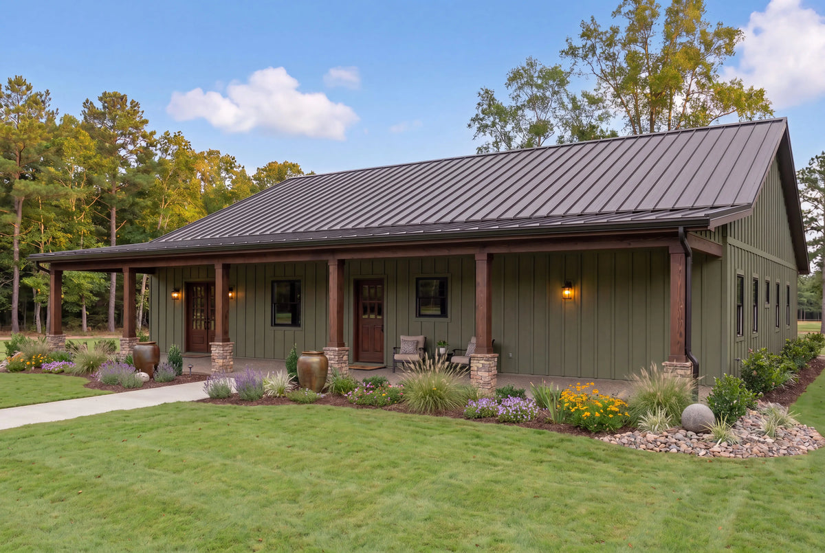 Arden barndominium house plan rear exterior with covered outdoor living space