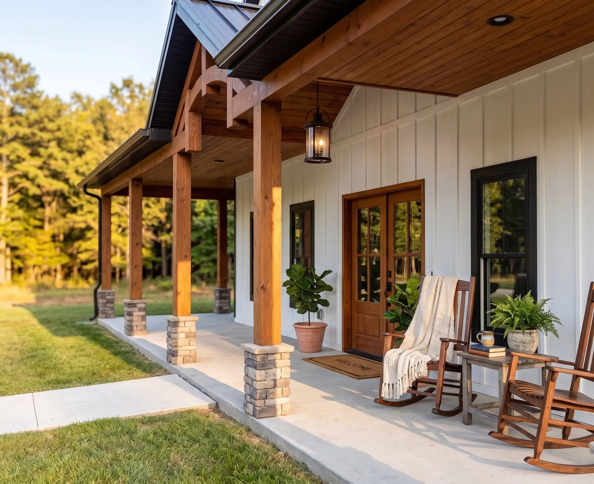 Modern farmhouse house plan with large covered porch and outdoor living area