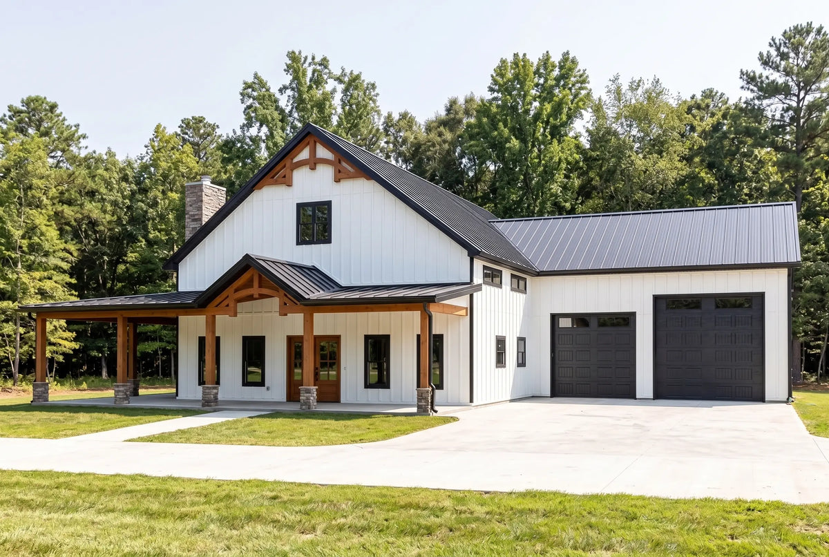 5 bedroom modern farmhouse barndominium exterior with spacious covered porch