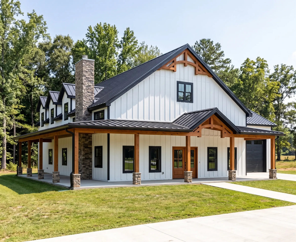 Modern farmhouse barndominium house plan with metal roof and covered front porch