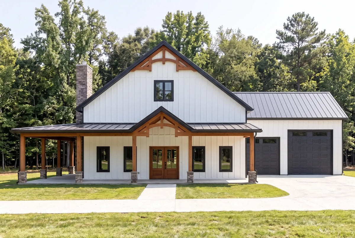 Haven 5 bedroom modern farmhouse barndominium with covered porch and large shop