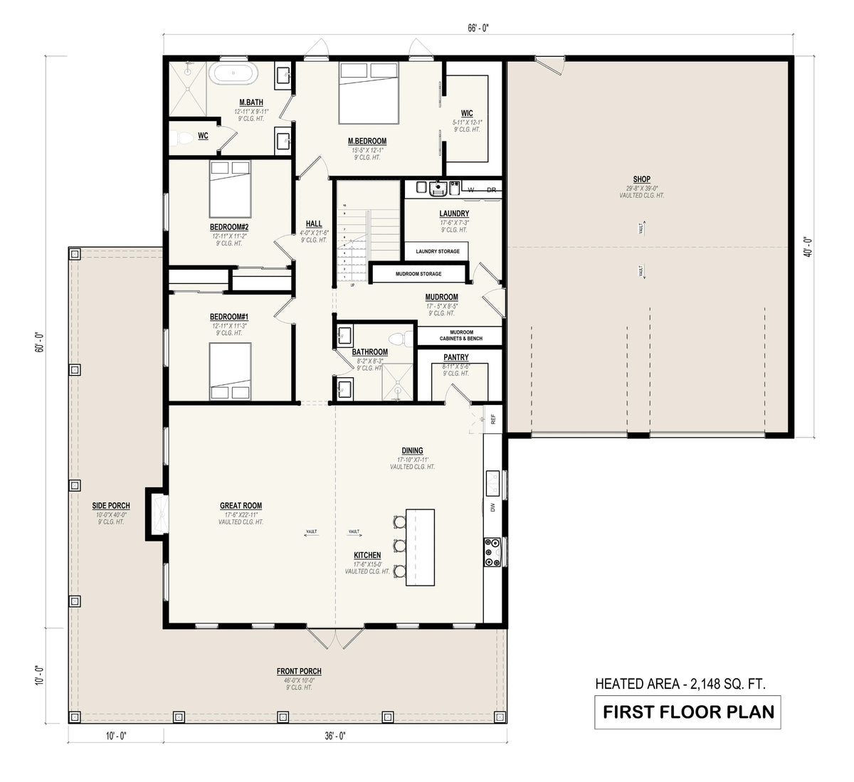 Haven 5 bedroom modern farmhouse barndominium floor plan with primary suite and large shop