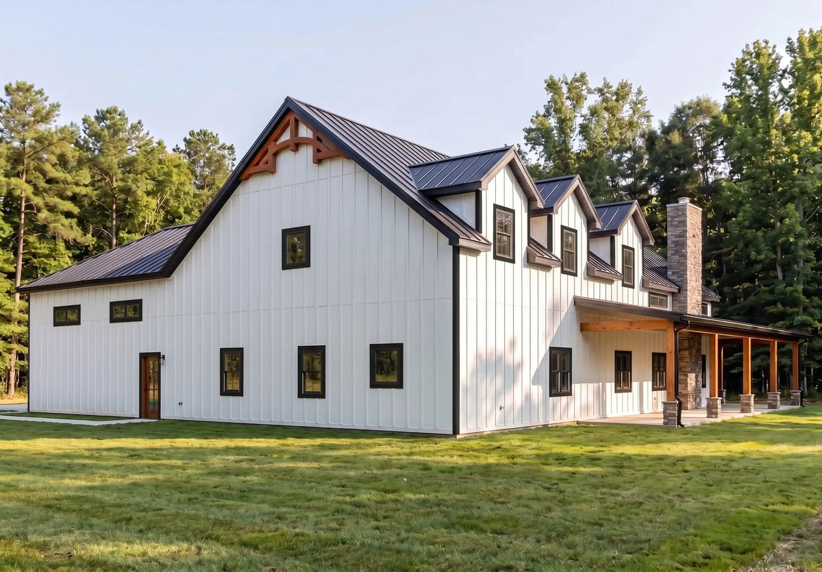 Haven modern farmhouse barndominium house plan with large shop and covered porches