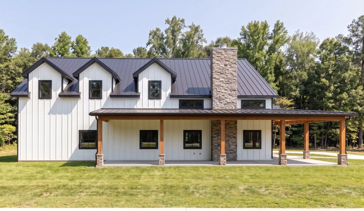 5 bedroom barndominium exterior with modern farmhouse design and metal roof