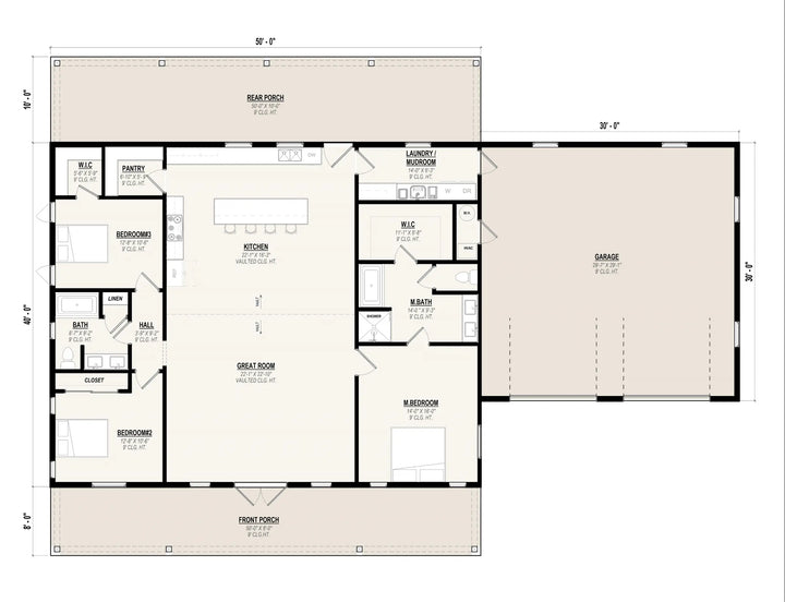 3 bedroom 2 bathroom single-story house plan floor plan with split-bedroom layout, open kitchen and great room