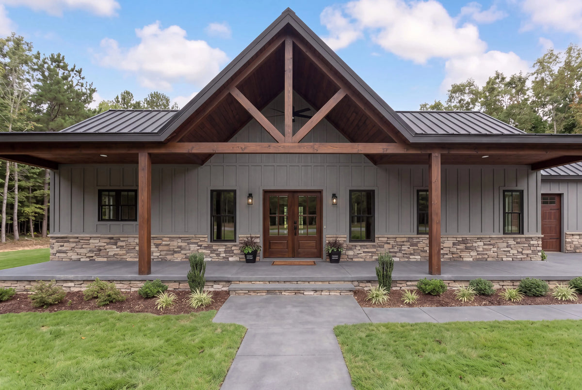 Maple 3 bedroom modern farmhouse barndominium house plan with board and batten siding and covered front porch
