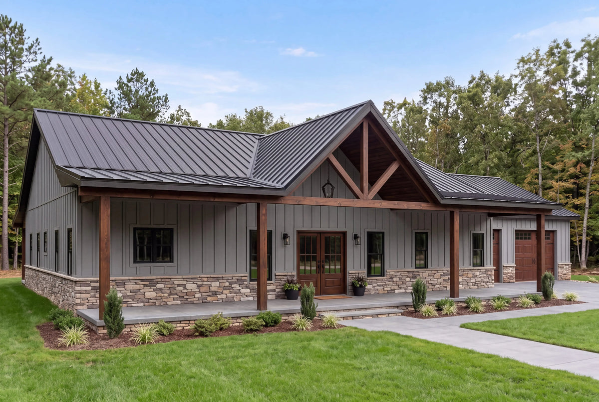Modern farmhouse house plan with large covered rear porch and spacious outdoor living area