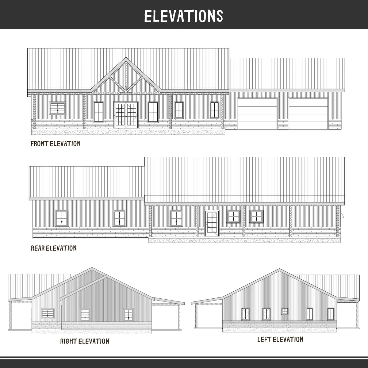 Modern farmhouse barndominium elevation drawing showing gable roof, board and batten siding and front porch