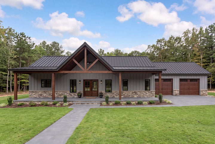 Modern farmhouse barndominium exterior with wood columns, gable roof and large covered front porch