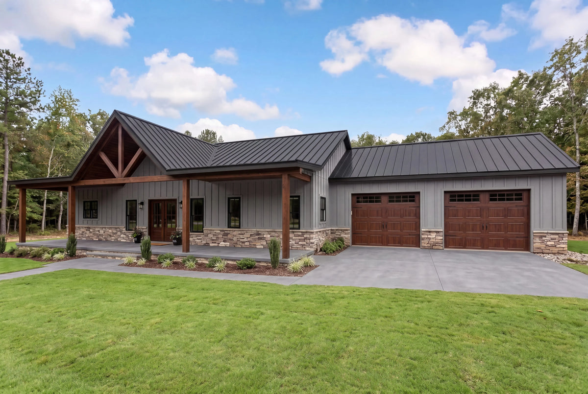 Single-story barndominium house plan with attached two-car shop garage and covered outdoor living area