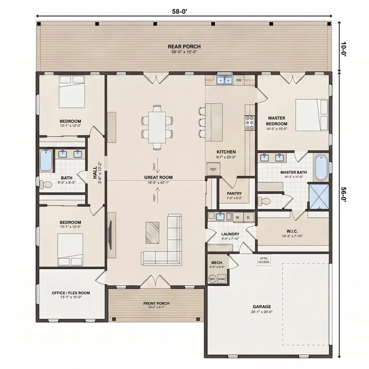 Whitlock 3 bedroom 2 bath barndominium house plan floor plan with office and 2-car garage