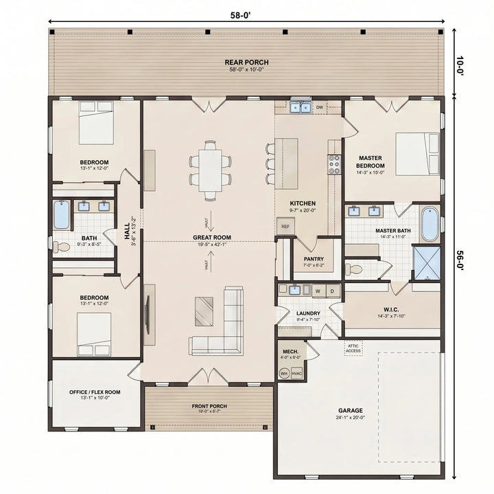 Whitlock 3 bedroom 2 bath barndominium house plan floor plan with office and 2-car garage
