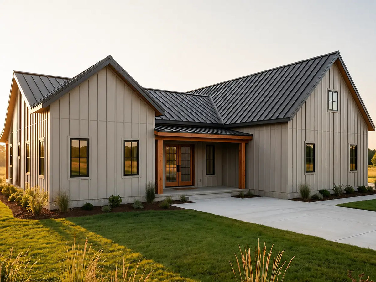 Whitlock 3 bedroom modern barndominium house plan with board-and-batten siding and standing-seam metal roof