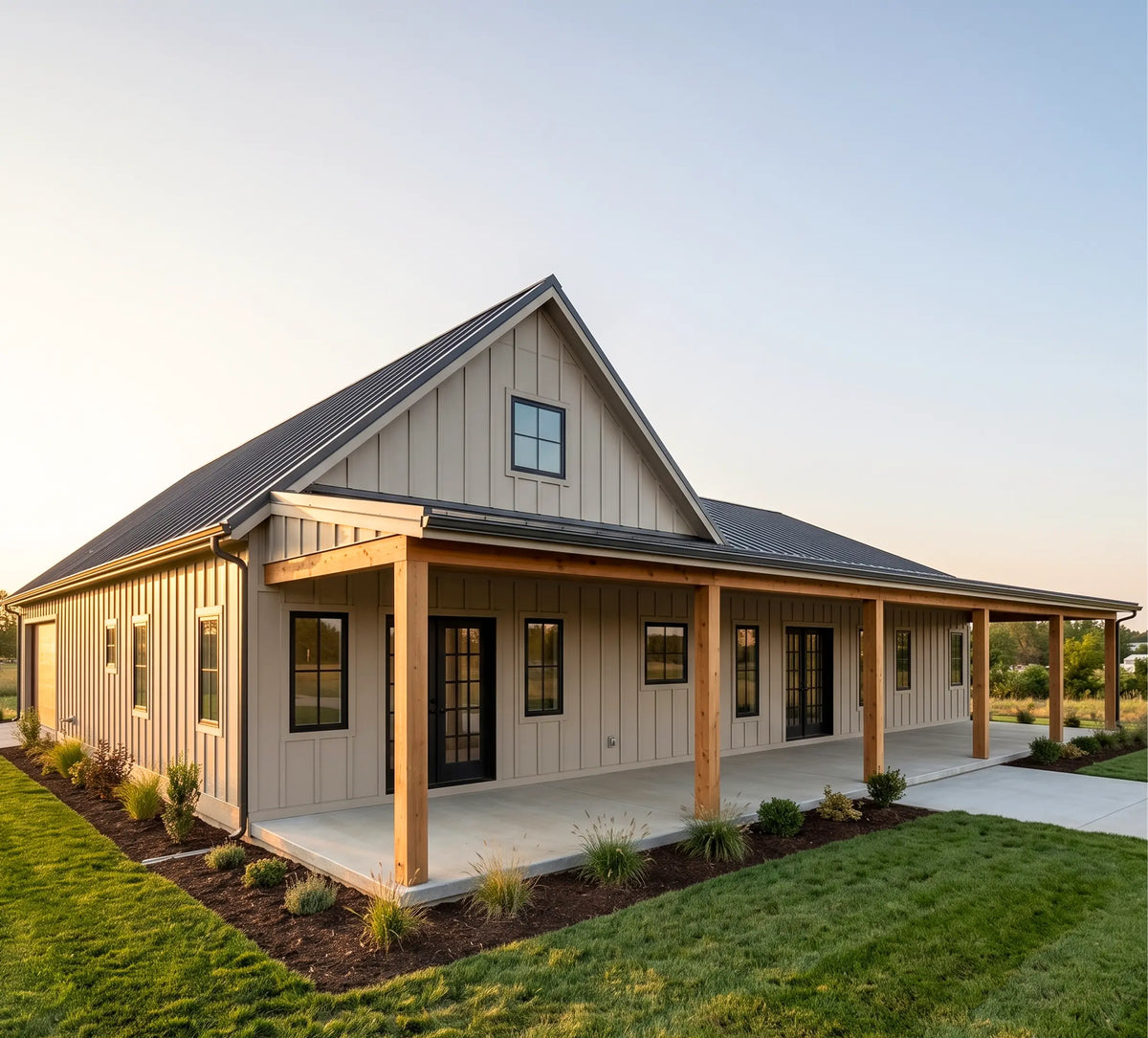 Whitlock barndominium house plan with large 58-foot covered rear porch