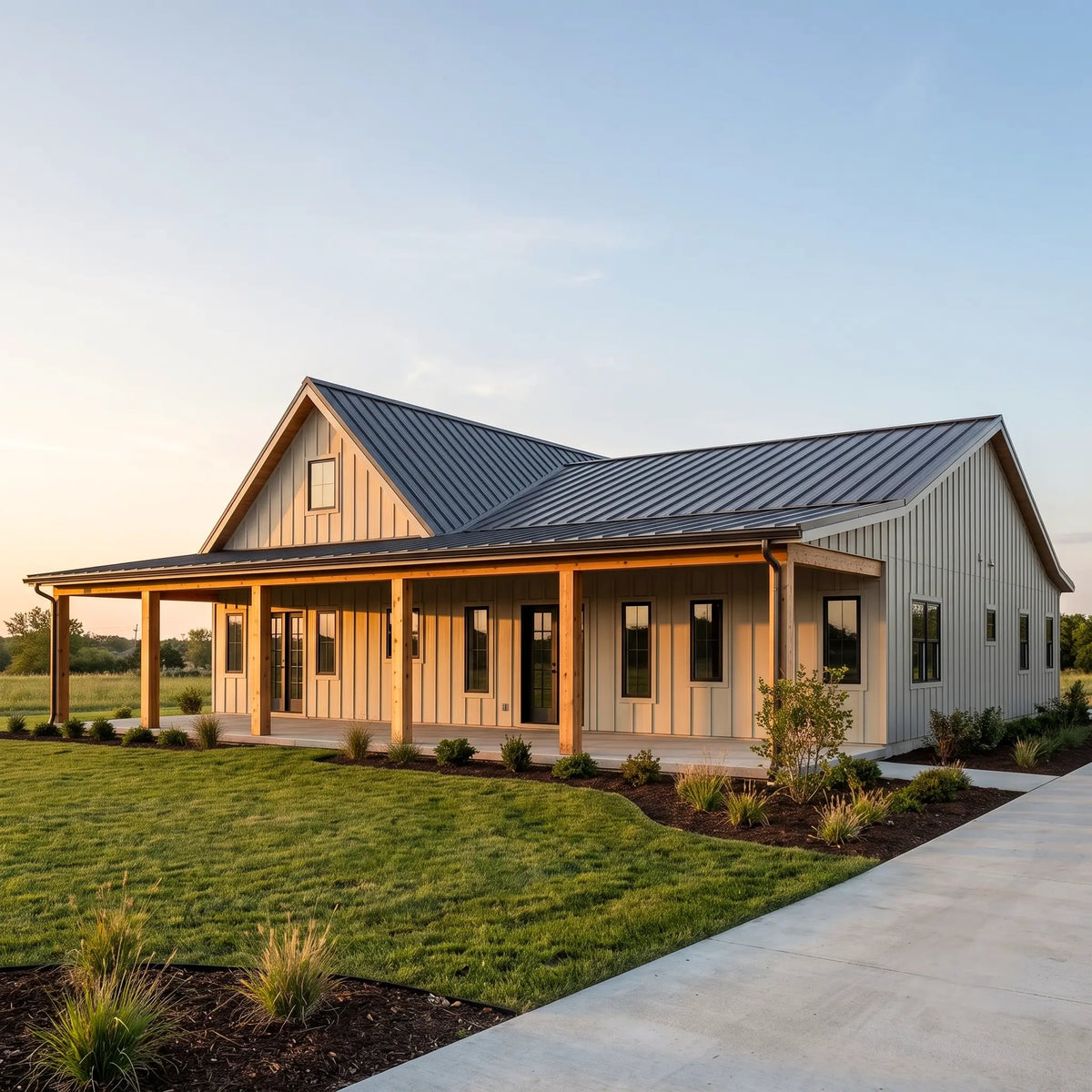 Whitlock modern barndominium open-concept great room with vaulted ceiling